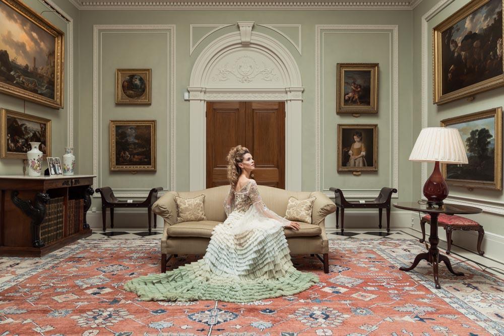 Bride in green silk wedding gown taken by award winning wedding photographer Alison Busby.