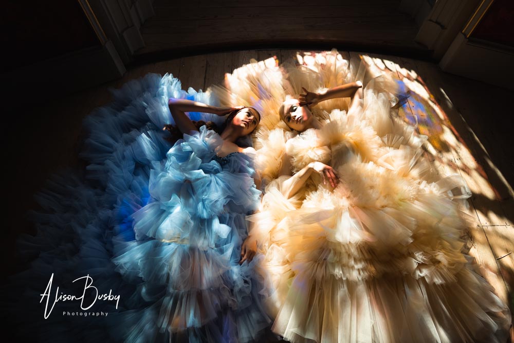 Budget for your wedding dress. Brides in blue golden tulle wedding dresses.