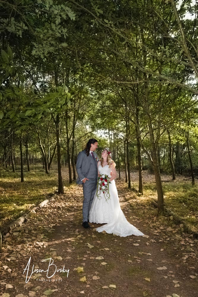 Bride and groom at sunset by Endeavour Woodland Weddings photographer