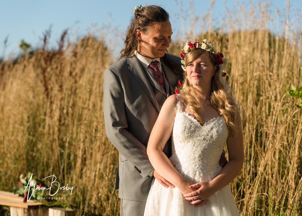 Bride and groom at sunset by Endeavour Woodland Weddings photographer