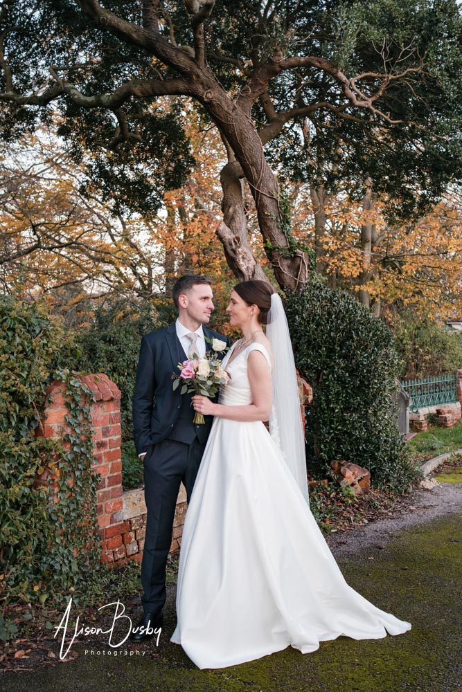 Bride and groom portrait at Kings Chapel in Amersham