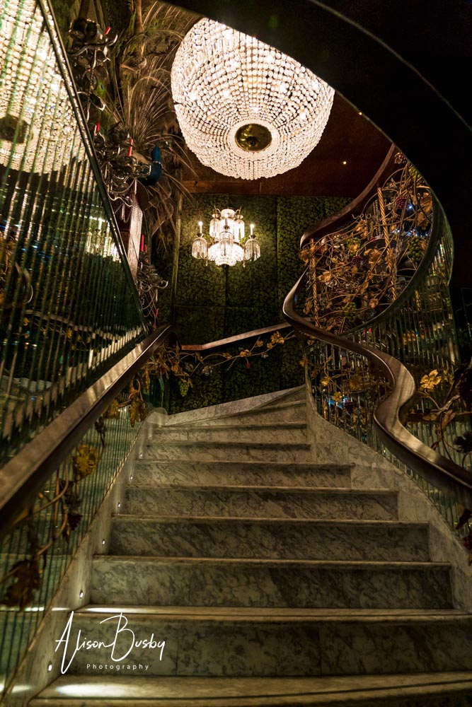 Rainy wedding day. Staircase at the Crazy Bear in Beaconsfield