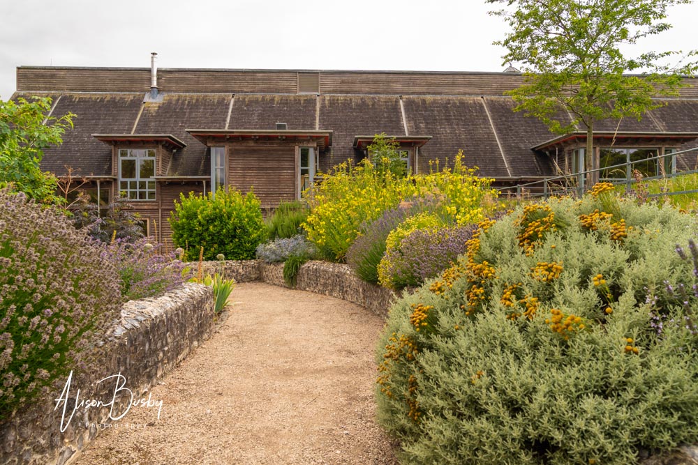 Sheepdrove Organic Farm. Physic garden view of main building.