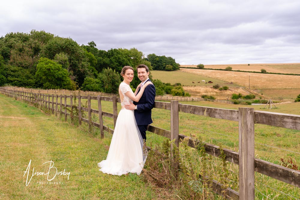 Sheepdrove wedding photographer. Bride and groom portrait.