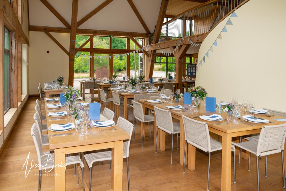 Sheepdrove wedding photographer. Dining room setup for wedding breakfast