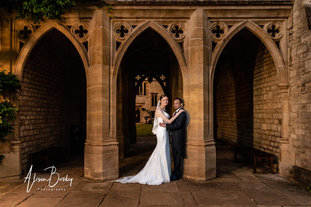 Bride and groom by St Cross College wedding photographer Oxford