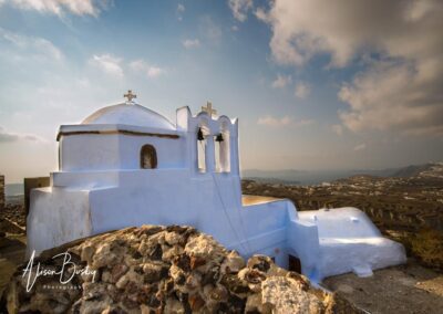 Santorini honeymoon. Pyrgos. View to Aegean.