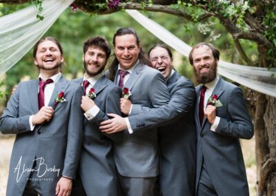 Buckinghamshire woodland weddings. Groom and grooms men at Endeavour woodland weddings.
