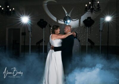 Cosener's House wedding photographer. Bride and groom first dance with blue smoke.