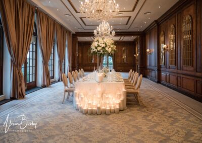 Hedsor House wedding photographer. Ballroom setup with candles and flowers