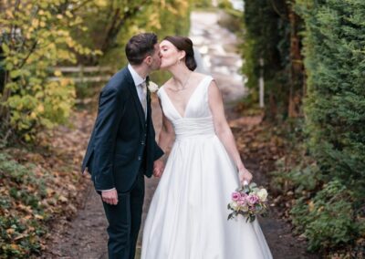 Kings Chapel Old Amersham. Winter wedding. Bride and groom in lane behind Kings Chapel, Buckinghamshire