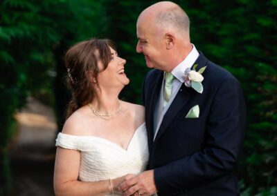 Kings Chapel wedding in September. Bride and groom in lane behind chapel.