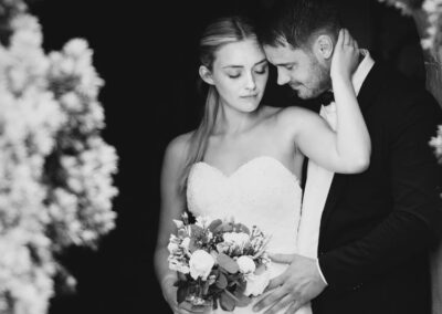 Planning a wedding. Black and white photo of bride and groom