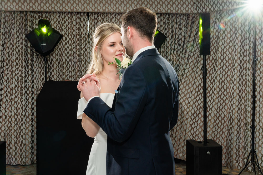 Bride and groom first dance in Bullstrode suite at the Bull Hotel in Gerrards Cross