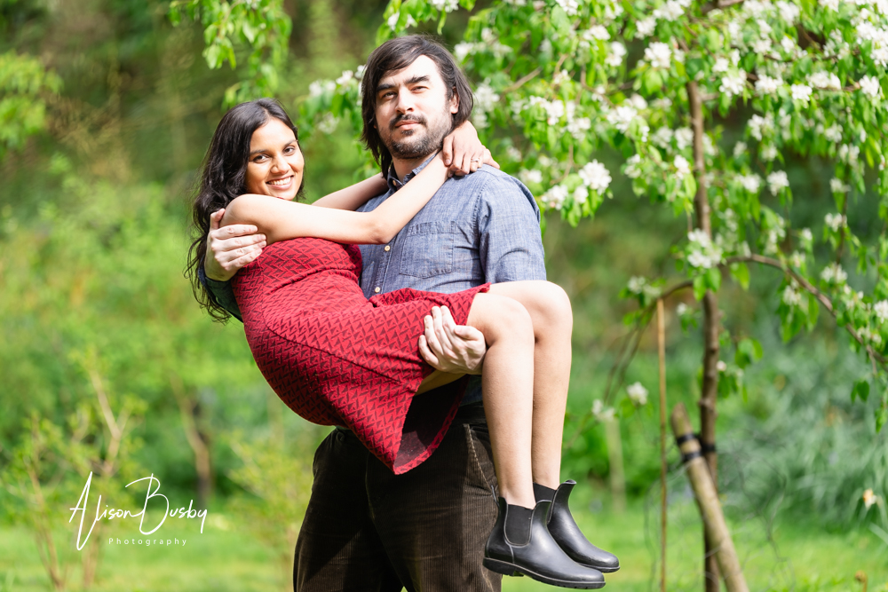 Amersham engagement photos. Young guy carries his future bride next to blossom tree during April shoot in Buckinghamshire