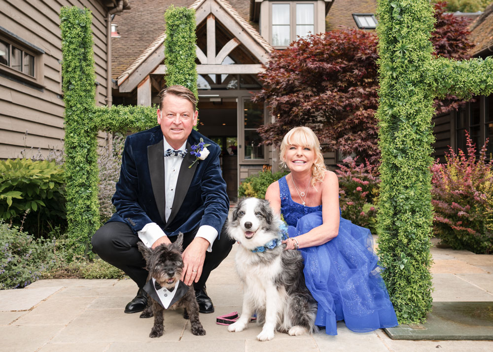 Wedding photography berkhire. bride and groom portrait with dogs at Hurley House Hotel wedding