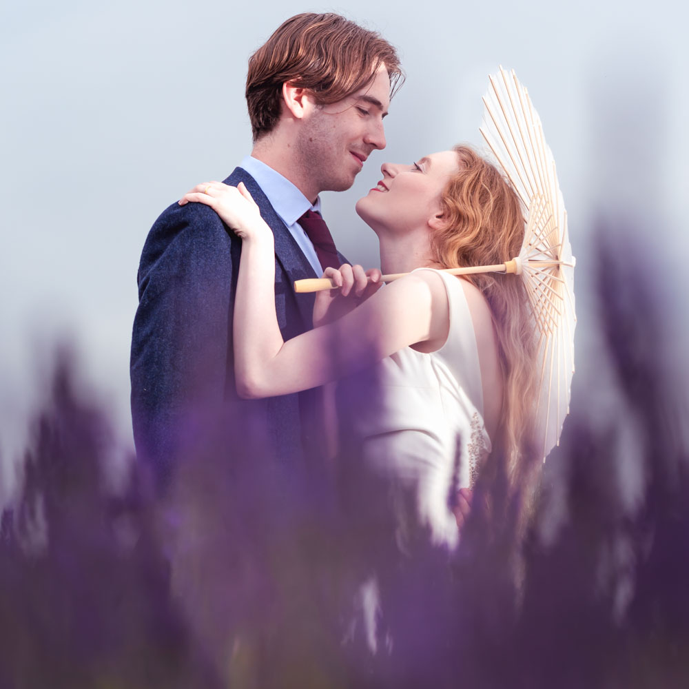Wedding photography Hertfordshire. Bride and groom in lavender field