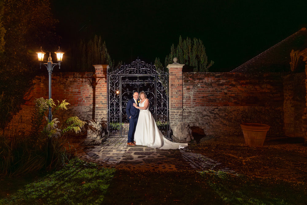 Wedding photos Coseners House. Bride and groom night photo in gardens of hotel