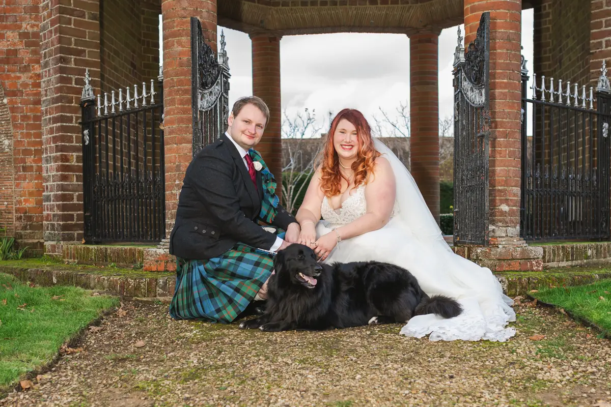 Bride and groom with dog Zeus at Garden House Venue wedding in Steventon, Oxfordshire.