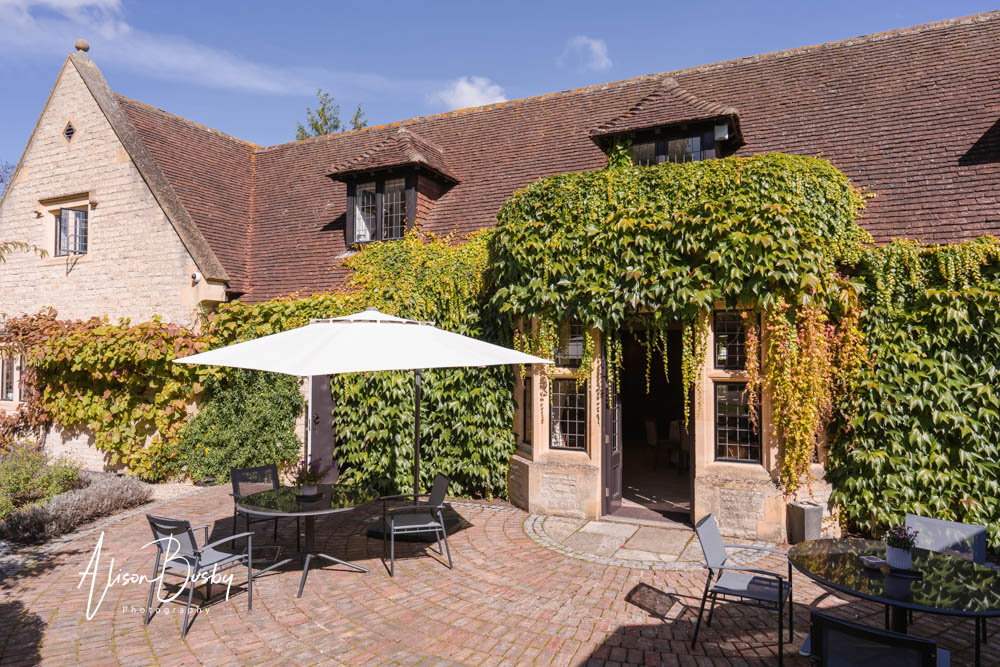 Patio outside La Belle Époque dining room at Le Manoir aux Quat'Saisons