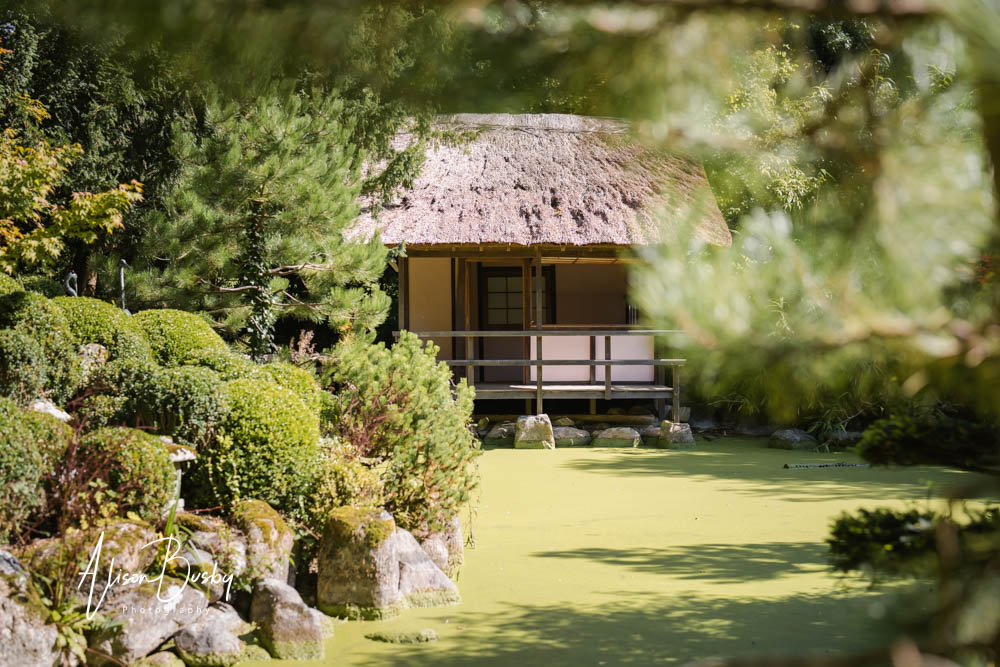 View of lodge in Japanese Tea Garden Fugetsu at Le Manoir aux quat saisons.