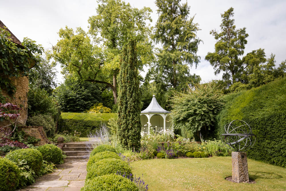 Small garden next to Dovecote suite with gazebo at Le Manoir aux Quat'Saisons. Taken in July.