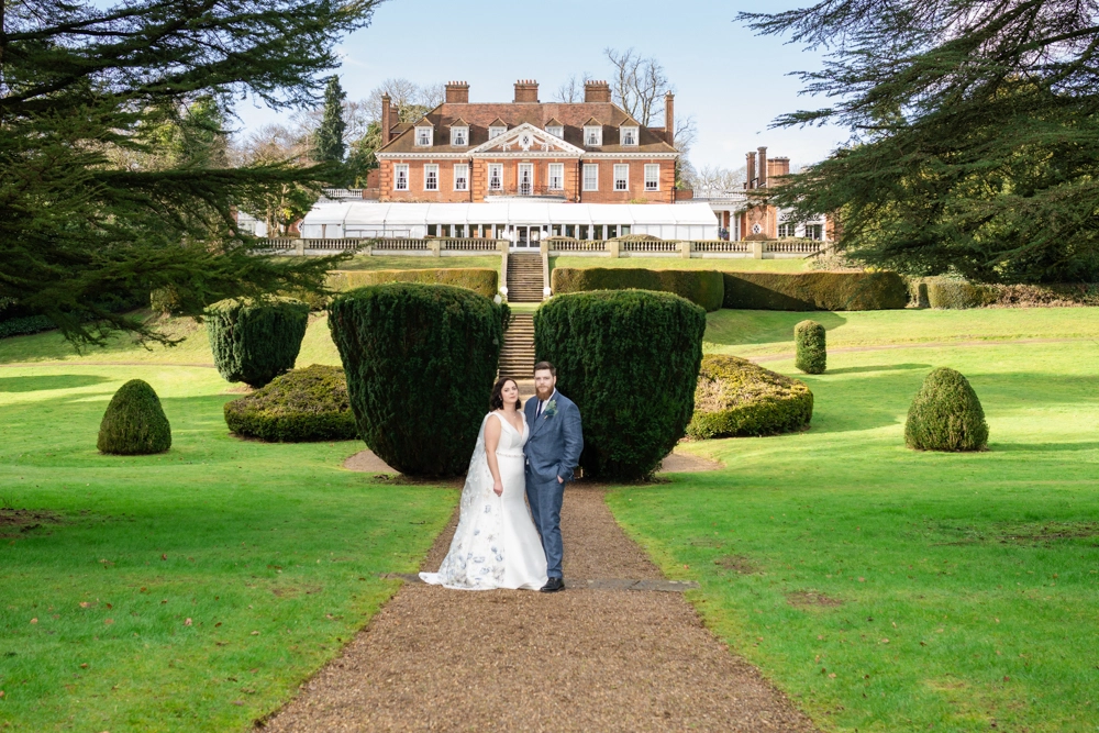 Bride and groom portrait in gardens. Hunton Park wedding photographer.