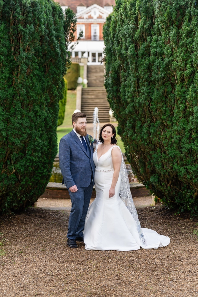 Bride and groom portrait in gardens. Hunton Park wedding photographer.
