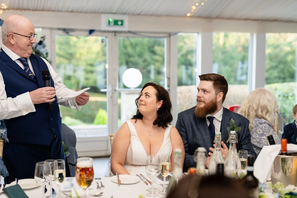 Father of the bride speech in marquee. Hunton Park wedding photographer.