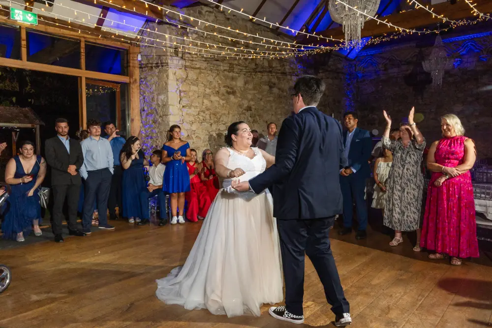 Notley Abbey Wedding photographer. First dance in monk's refectory.