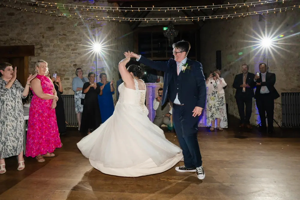 Notley Abbey Wedding photographer. First dance in monk's refectory.