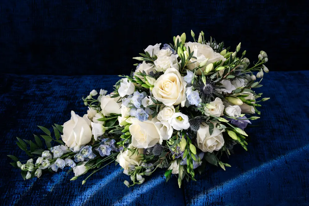 Bull Hotel wedding photography. Bride's blue and white bouquet.