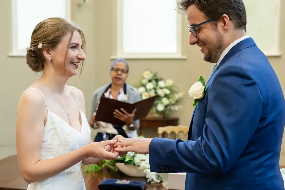Bride and groom during ceremony. Reading Town Hall Wedding photographer