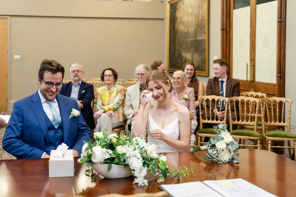 Bride and groom during ceremony. Reading Town Hall Wedding photographer