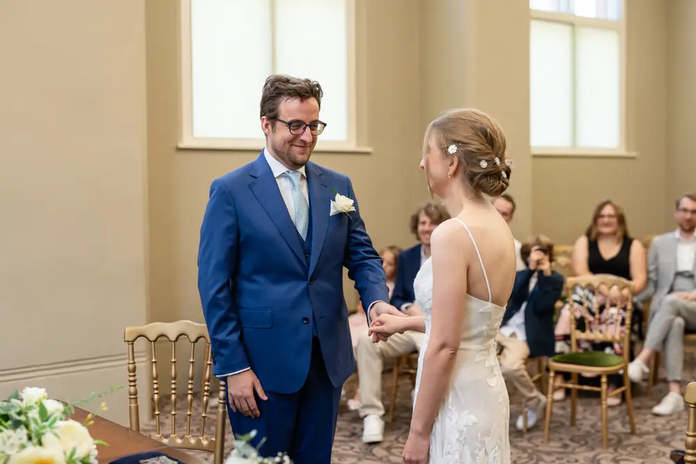 Bride and groom during ceremony. Reading Town Hall Wedding photographer