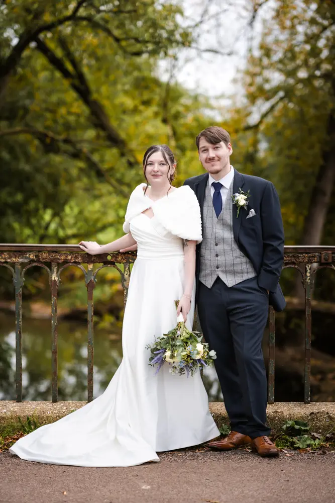 Bride and groom on bridge. Thame wedding photography.