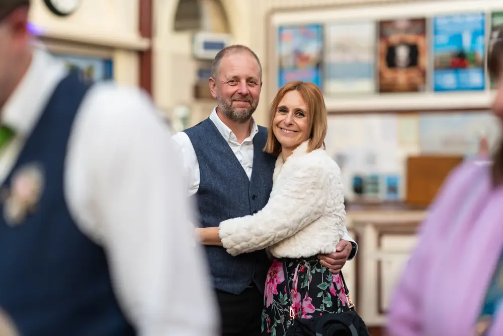 Buckinghamshire Railway Centre Wedding Photographer. guests in main hall.