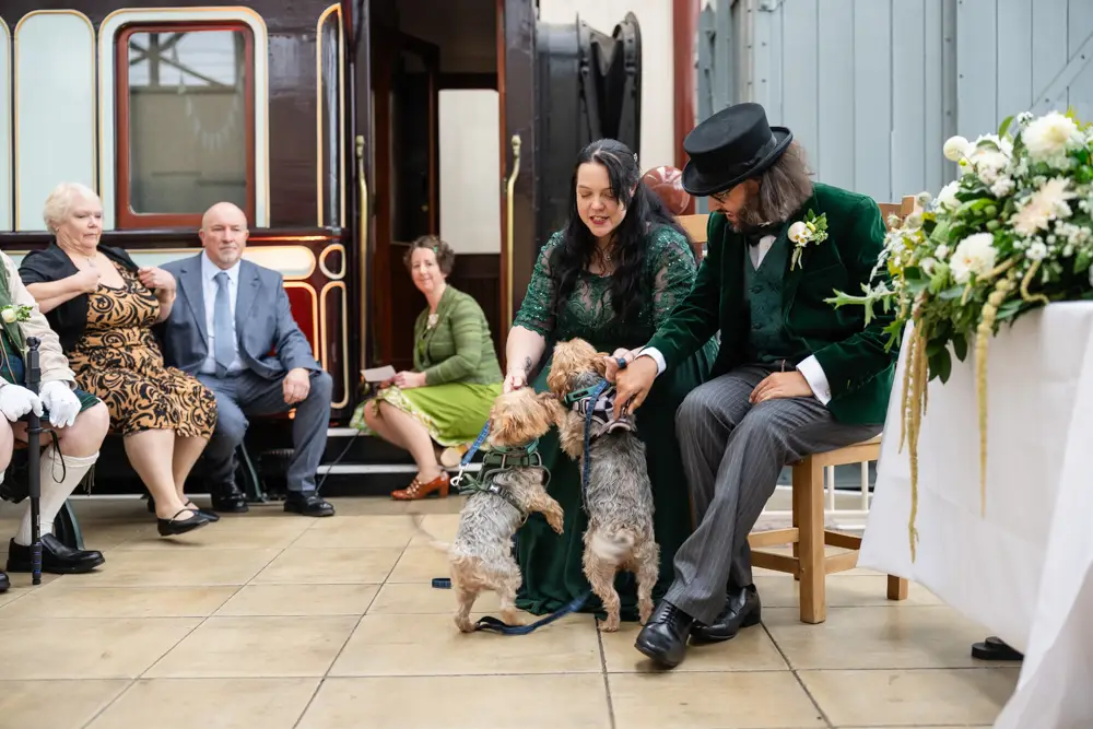 Buckinghamshire Railway Centre Wedding Photographer. Bride and groom with Yorkshire terriers during wedding ceremony.