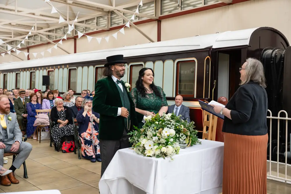 Buckinghamshire Railway Centre Wedding Photographer. Bride and groom during wedding ceremony