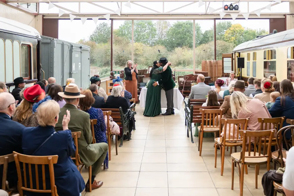 Buckinghamshire Railway Centre Wedding Photographer. Bride and groom during wedding ceremony