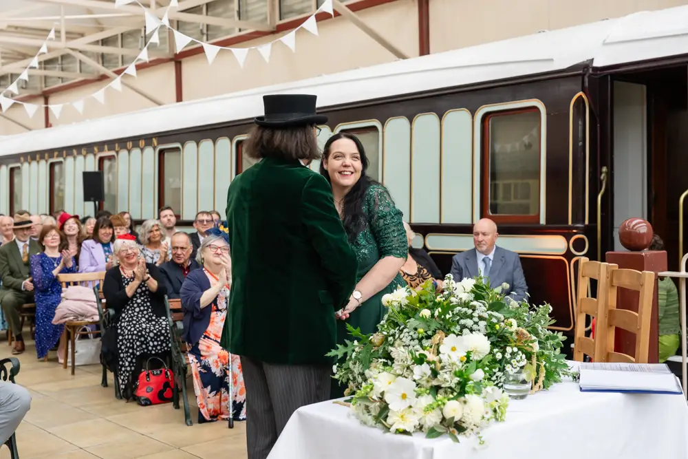 Buckinghamshire Railway Centre Wedding Photographer. Bride and groom during wedding ceremony