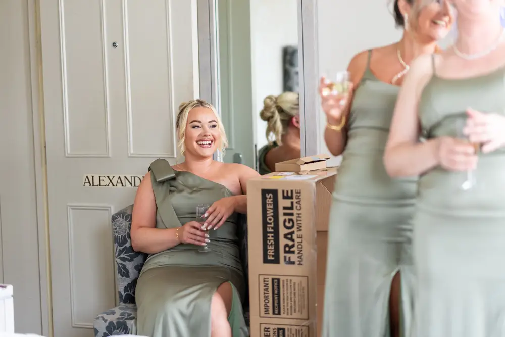 Stoke Place wedding photographer. Bridal prep in Alexandra suite.