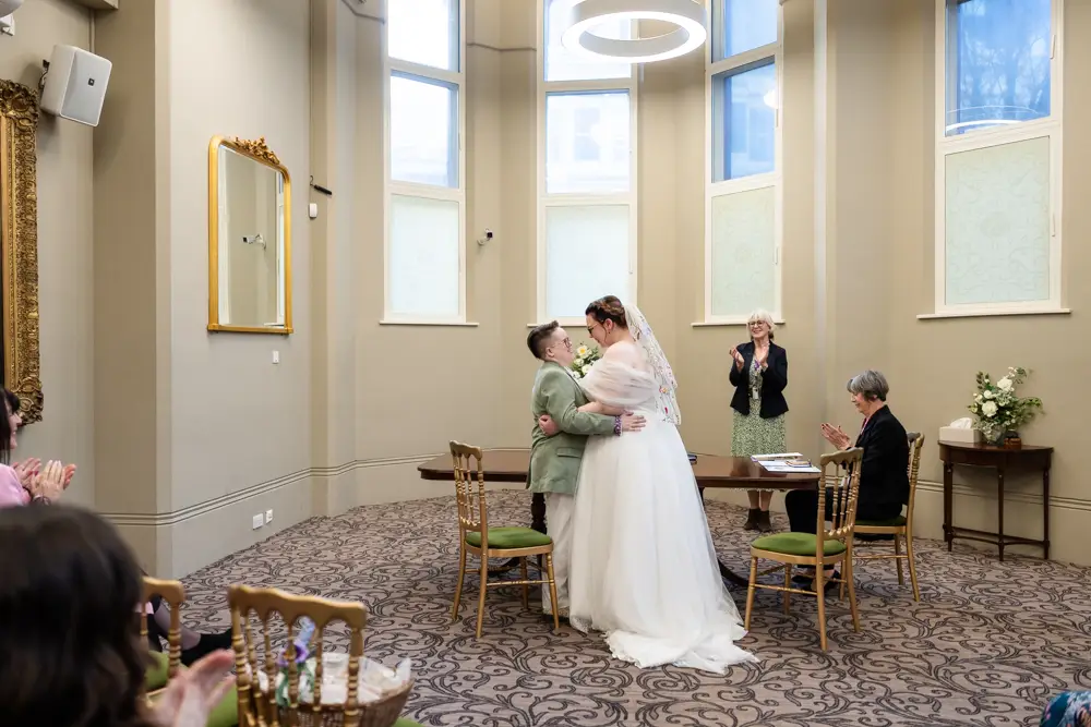 Reading Town Hall wedding photographer. Newlyweds after ceremony at the town hall.