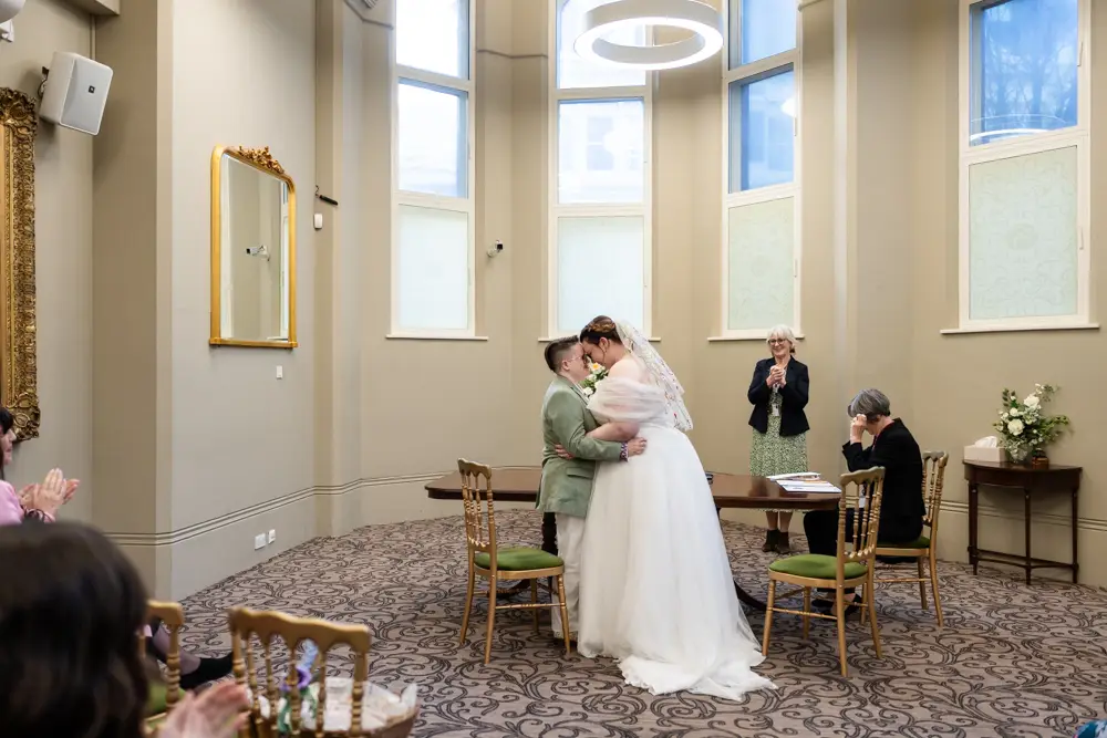 Reading Town Hall wedding photographer. Newlyweds after ceremony at the town hall.