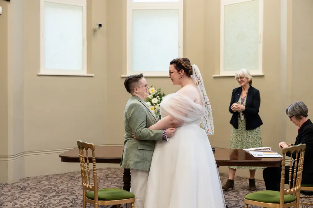 Reading Town Hall wedding photographer. Newlyweds after ceremony at the town hall.