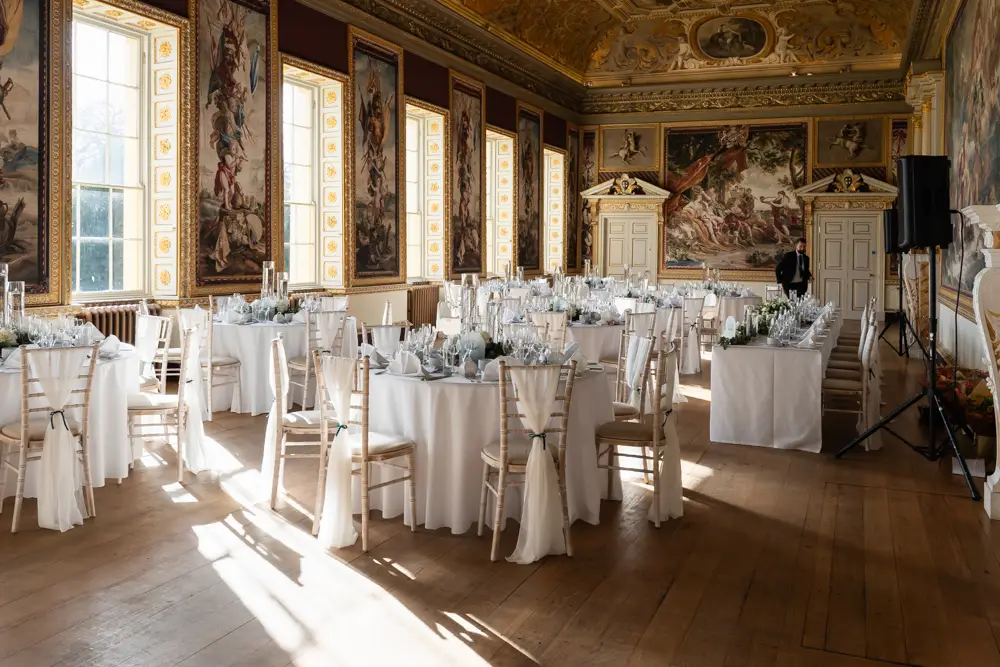 Stowe House wedding photographer. State dining room setup for wedding breakfast.