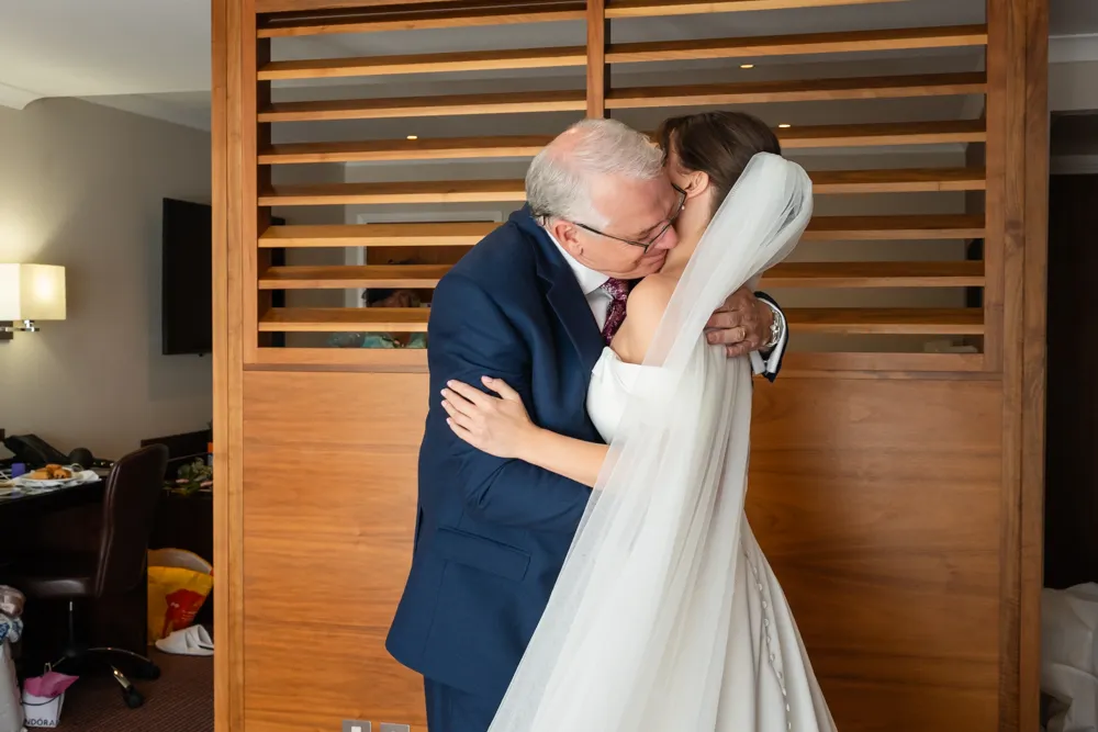 Father of the bride first look. Bull Hotel bridal prep.