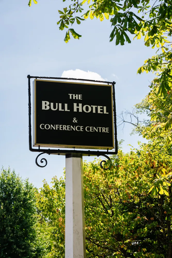 Bull hotel sign on wedding morning.