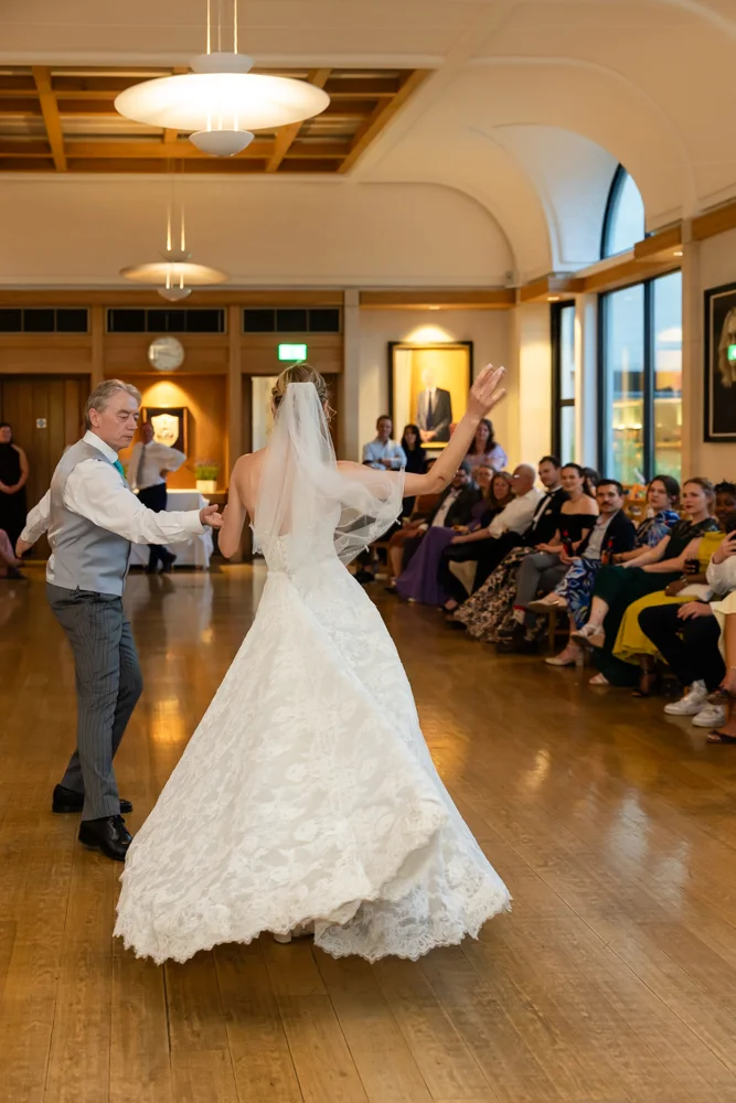 St Cross College wedding photographer. Bride and father dance.